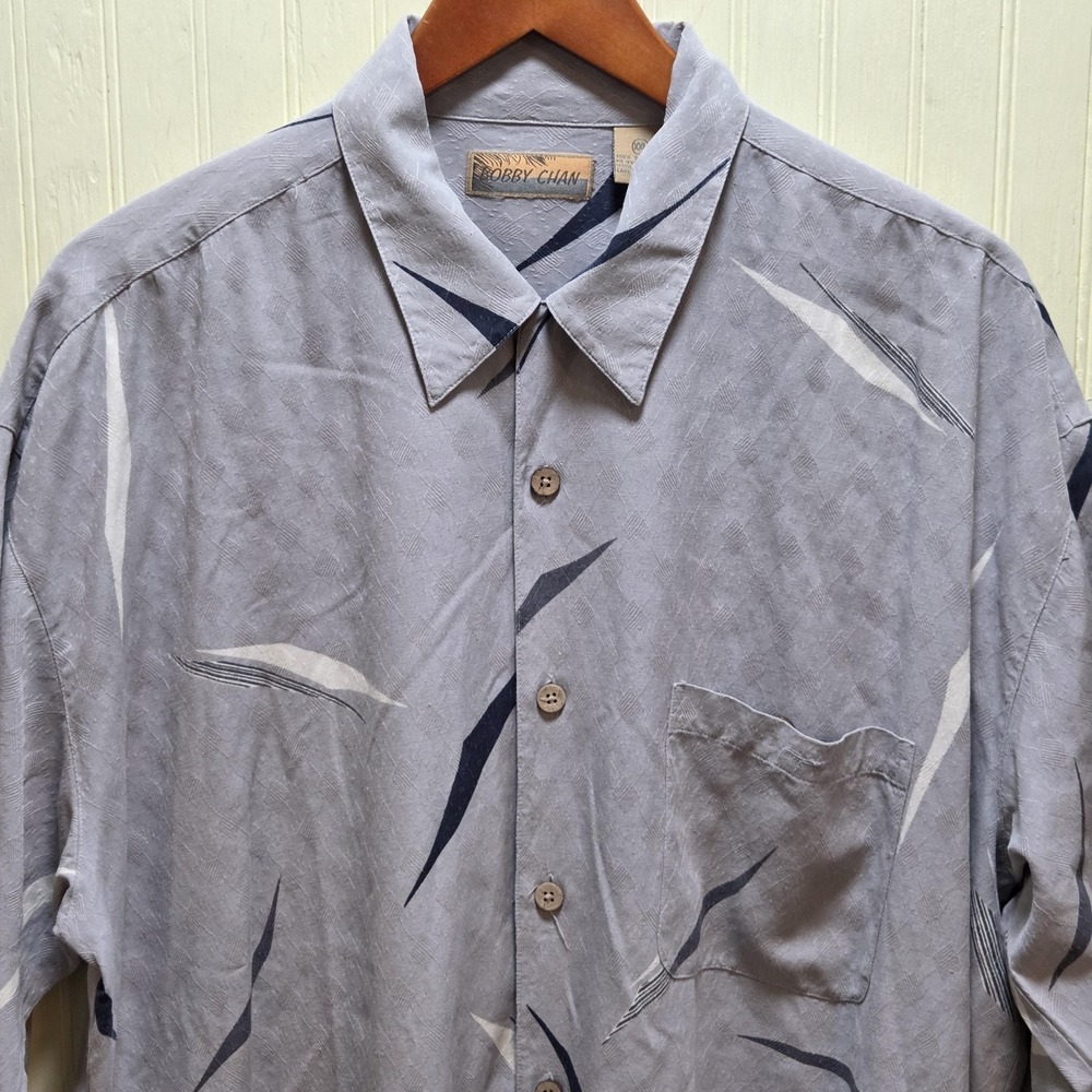 Bobby Chan Shirt Mens 2XL Gray Geometric Short Sleeve Silk Button Up Casual